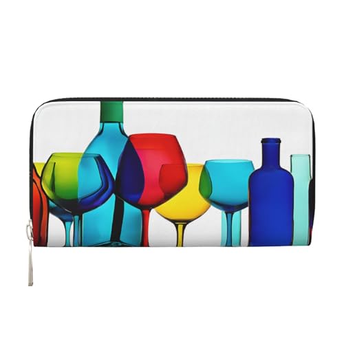 ZXMDZTSS Cocktailgläser und Weinflaschen – Echtes Leder Damen Geldbörse mit Reißverschluss und Handyfach – stilvolle Clutch für den täglichen Gebrauch, Reisen und Geschenke (20,1 cm Handheld-Design), von ZXMDZTSS