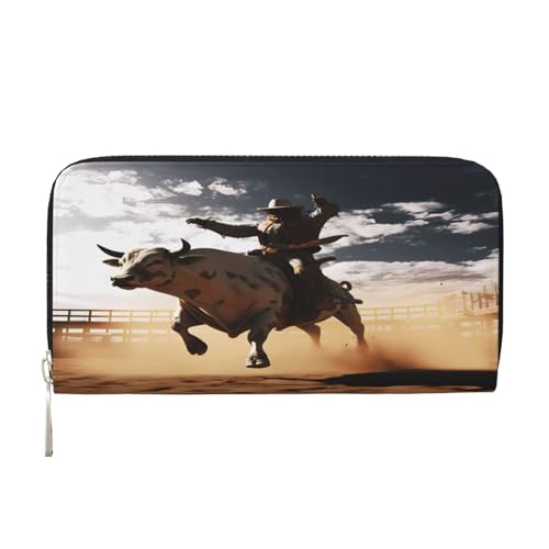 ZXMDZTSS Cool Bull Riding Damen-Geldbörse aus echtem Leder mit Reißverschluss und Handyfach, stilvolle Clutch-Geldbörse für den täglichen Gebrauch, Reisen und Geschenke (20,1 cm Handheld-Design), von ZXMDZTSS