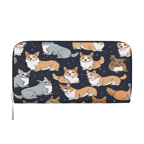 ZXMDZTSS Corgi Pattern Damen-Geldbörse aus echtem Leder mit Reißverschluss und Handyfach, stilvolle Clutch-Geldbörse für den täglichen Gebrauch, Reisen und Geschenke (20,1 cm Handheld-Design), Schwarz von ZXMDZTSS