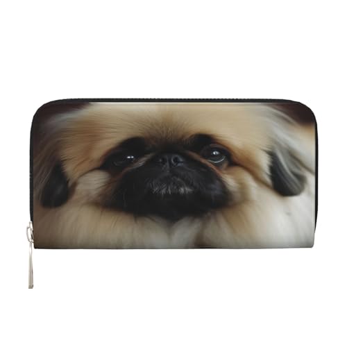 ZXMDZTSS Cute Pekinese Damen-Geldbörse aus echtem Leder mit Reißverschluss und Handyfach, stilvolle Clutch-Geldbörse für den täglichen Gebrauch, Reisen und Geschenke (20,1 cm Handheld-Design), Schwarz von ZXMDZTSS