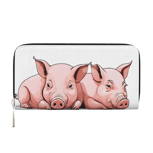 ZXMDZTSS Cute Pigs Damen-Geldbörse aus echtem Leder mit Reißverschluss und Handyfach, stilvolle Clutch-Geldbörse für den täglichen Gebrauch, Reisen und Geschenke (20,1 cm Handheld-Design), Schwarz , von ZXMDZTSS