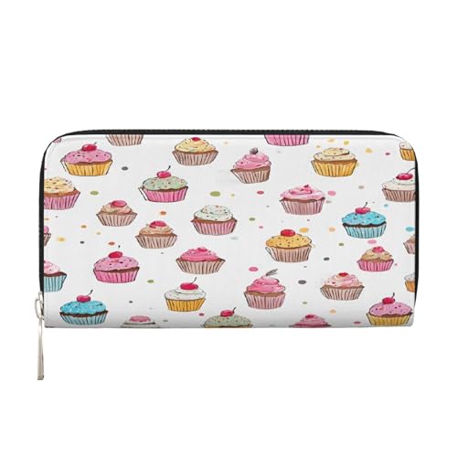 ZXMDZTSS Delicious Cupcakes Damen-Geldbörse aus echtem Leder mit Reißverschluss und Handyfach, stilvolle Clutch-Geldbörse für den täglichen Gebrauch, Reisen und Geschenke (20,1 cm Handheld-Design), von ZXMDZTSS
