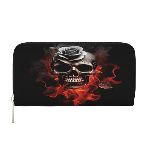 ZXMDZTSS Fire Skull Rose – Echtes Leder Damen Geldbörse mit Reißverschluss und Handyfach – stilvolle Clutch-Geldbörse für den täglichen Gebrauch, Reisen & Geschenke (20,1 cm Handheld-Design), Schwarz von ZXMDZTSS