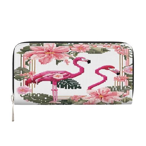 ZXMDZTSS Flamingo Bird Round Leaves - Echtes Leder Damen Geldbörse mit Reißverschluss und Handyfach - Stilvolle Clutch Geldbörse für den täglichen Gebrauch, Reisen & Geschenke (20,1 cm von ZXMDZTSS