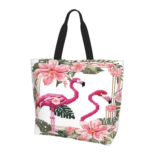 ZXMDZTSS Flamingo Bird Round Leaves Print Damen Große Tote Bag Wasserabweisend Leicht Für Einkaufen Arbeit Pendeln von ZXMDZTSS