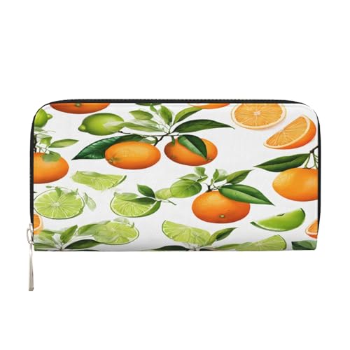 ZXMDZTSS Gelbe Blüte und Orangenfrüchte – Echtes Leder Damen Geldbörse mit Reißverschluss und Handyfach – stilvolle Clutch-Geldbörse für den täglichen Gebrauch, Reisen und Geschenke (20,1 cm von ZXMDZTSS