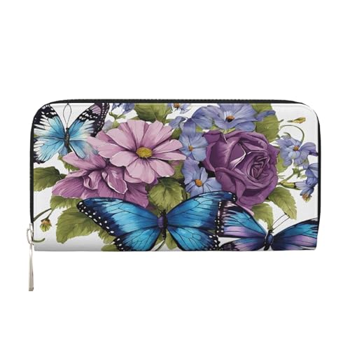 ZXMDZTSS Geldbörse mit Schmetterlingsblumen, echtes Leder, mit Reißverschluss, mit Handyfach, stilvolle Clutch-Geldbörse für den täglichen Gebrauch, Reisen und Geschenke (20,1 cm Handheld-Design), von ZXMDZTSS