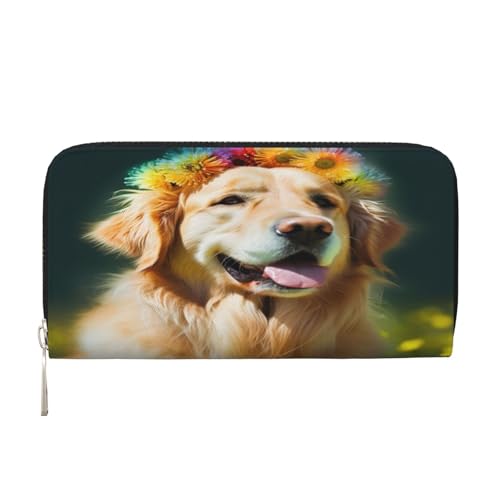 ZXMDZTSS Golden Retriever Dog – Echtes Leder Damen Geldbörse mit Reißverschluss und Handyfach – Stilvolle Clutch-Geldbörse für den täglichen Gebrauch, Reisen & Geschenke (20,1 cm Handheld-Design), von ZXMDZTSS