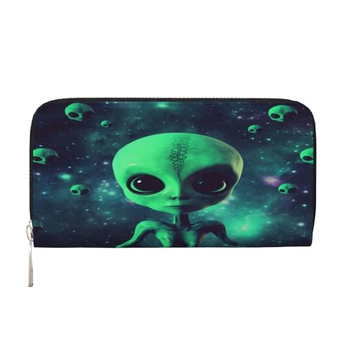 ZXMDZTSS Green Alien Damen-Geldbörse aus echtem Leder mit Reißverschluss und Handyfach, stilvolle Clutch-Geldbörse für den täglichen Gebrauch, Reisen und Geschenke (20,1 cm Handheld-Design), Schwarz , von ZXMDZTSS