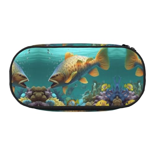 ZXMDZTSS Großes Federmäppchen mit buntem Fisch unter dem Meer, mit Fächern und Reißverschluss, Premium-Oxford-Stoff, für Schule, Büro, Reisen, Organizer für Studenten, Künstler, Schwarz von ZXMDZTSS