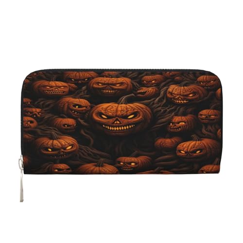 ZXMDZTSS Halloween Pumpkin – Echtes Leder Damen Geldbörse mit Reißverschluss und Handyfach – Stilvolle Clutch Geldbörse für den täglichen Gebrauch, Reisen & Geschenke (20,1 cm Handheld-Design), von ZXMDZTSS