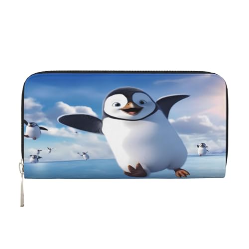 ZXMDZTSS Happy Penguin Damen-Geldbörse aus echtem Leder mit Reißverschluss und Handyfach, stilvolle Clutch-Geldbörse für den täglichen Gebrauch, Reisen und Geschenke (20,1 cm Handheld-Design), Schwarz von ZXMDZTSS