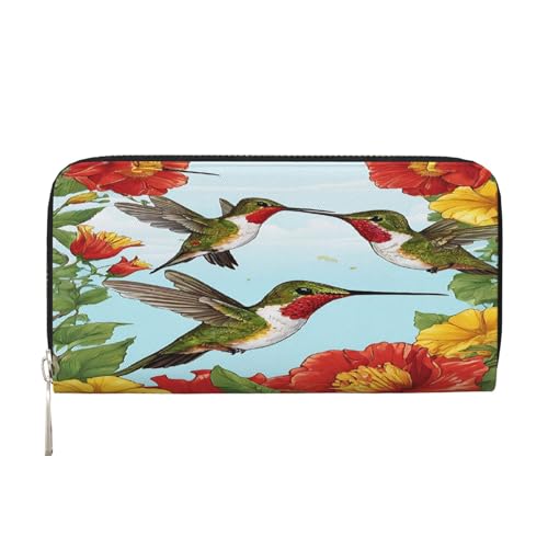 ZXMDZTSS Hummingbirds Red Flower Hibiscus - Echtes Leder Damen Geldbörse mit Reißverschluss und Handyfach - Stilvolle Clutch Geldbörse für den täglichen Gebrauch, Reisen & Geschenke (20,1 cm von ZXMDZTSS