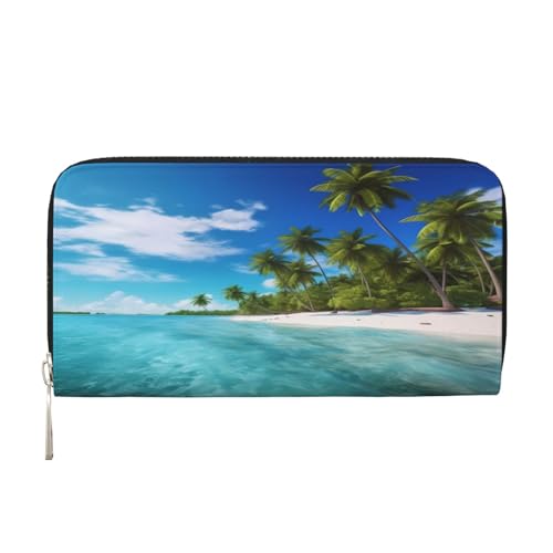 ZXMDZTSS Insel mit Sandstrand und Palme – Echtes Leder Damen Geldbörse mit Reißverschluss und Handyfach – Stilvolle Clutch Geldbörse für den täglichen Gebrauch, Reisen & Geschenke (20,1 cm von ZXMDZTSS