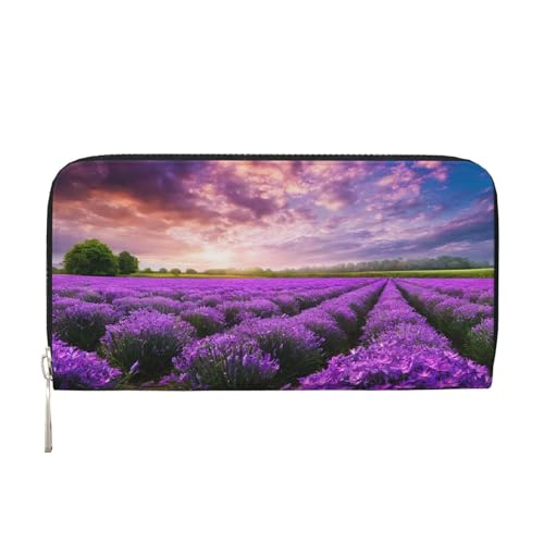 ZXMDZTSS Lavender Fields Damen-Geldbörse aus echtem Leder mit Reißverschluss und Handyfach, stilvolle Clutch-Geldbörse für den täglichen Gebrauch, Reisen und Geschenke (20,1 cm Handheld-Design), von ZXMDZTSS