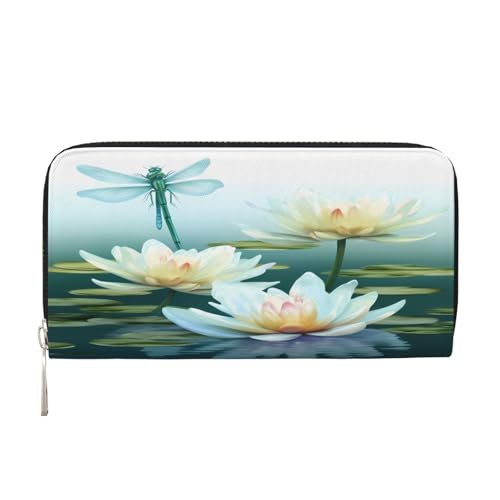 ZXMDZTSS Libelle mit Seerose – Echtes Leder Damen Geldbörse mit Reißverschluss und Handyfach – stilvolle Clutch-Geldbörse für den täglichen Gebrauch, Reisen & Geschenke (20,1 cm Handheld-Design), von ZXMDZTSS