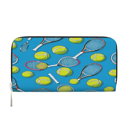 ZXMDZTSS Lustige Tennisschläger und Tennisbälle – Echtes Leder Damen Geldbörse mit Reißverschluss und Handyfach – stilvolle Clutch für den täglichen Gebrauch, Reisen und Geschenke (20,1 cm von ZXMDZTSS