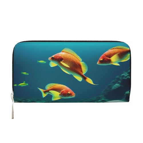 ZXMDZTSS Marine Fishes Damen-Geldbörse aus echtem Leder mit Reißverschluss und Handyfach, stilvolle Clutch-Geldbörse für den täglichen Gebrauch, Reisen und Geschenke (20,1 cm Handheld-Design), Schwarz von ZXMDZTSS