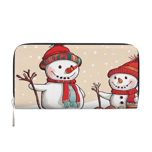 ZXMDZTSS Merry Christmas Cute Snowman - Echtes Leder Damen Geldbörse mit Reißverschluss und Handyfach - Stilvolle Clutch Geldbörse für den täglichen Gebrauch, Reisen & Geschenke (20,1 cm von ZXMDZTSS