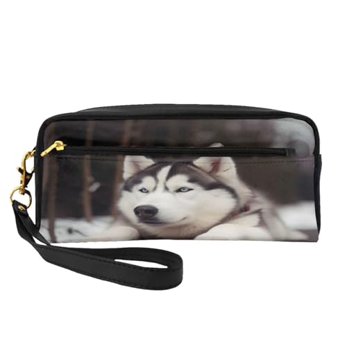 ZXMDZTSS Niedlicher Husky-Hund – bedrucktes, anpassbares Federmäppchen und Make-up-Tasche aus PU-Leder – kompakter Organizer für Studenten, Künstler, Reisen, Schwarz , Einheitsgröße, Lässiger von ZXMDZTSS