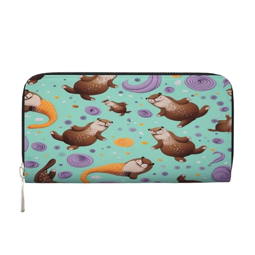 ZXMDZTSS Otters Damen-Geldbörse aus echtem Leder mit Reißverschluss und Handyfach, stilvolle Clutch-Geldbörse für den täglichen Gebrauch, Reisen und Geschenke (20,1 cm Handheld-Design), Schwarz , von ZXMDZTSS