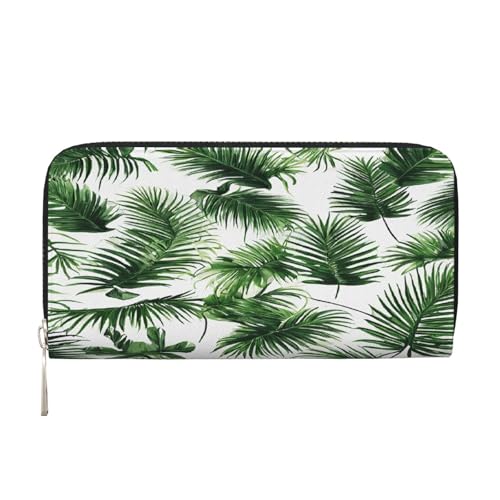 ZXMDZTSS Palm Tree Green Leaves Damen-Geldbörse mit Reißverschluss, Echtleder, mit Handyfach, stilvolle Clutch-Geldbörse für den täglichen Gebrauch, Reisen und Geschenke (20,1 cm Handheld-Design), von ZXMDZTSS