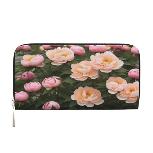 ZXMDZTSS Peonies Damen-Geldbörse aus echtem Leder mit Reißverschluss und Handyfach, stilvolle Clutch-Geldbörse für den täglichen Gebrauch, Reisen und Geschenke (20,1 cm Handheld-Design), Schwarz , von ZXMDZTSS