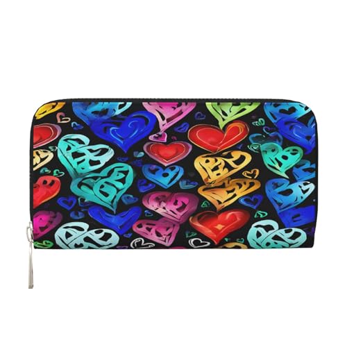 ZXMDZTSS Rainbow Hearts – Echtes Leder Damen Geldbörse mit Reißverschluss und Handyfach – stilvolle Clutch-Geldbörse für den täglichen Gebrauch, Reisen und Geschenke (20,1 cm Handheld-Design), Schwarz von ZXMDZTSS