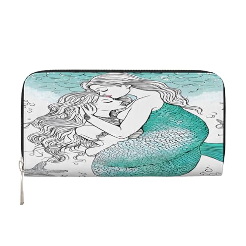 ZXMDZTSS Retro Meerjungfrau – Echtes Leder Damen Geldbörse mit Reißverschluss und Handyfach – Stilvolle Clutch Geldbörse für den täglichen Gebrauch, Reisen & Geschenke (20,1 cm Handheld-Design), von ZXMDZTSS
