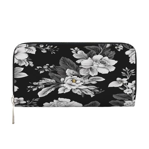 ZXMDZTSS Schwarz mit Blume – Echtes Leder Damen Geldbörse mit Reißverschluss und Handyfach – Stilvolle Clutch Geldbörse für den täglichen Gebrauch, Reisen & Geschenke (20,1 cm Handheld-Design), von ZXMDZTSS