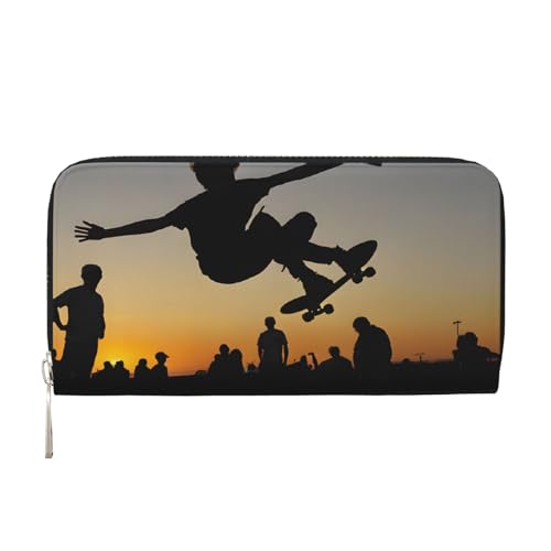 ZXMDZTSS Skateboard – Echtes Leder Damen Geldbörse mit Reißverschluss und Handyfach – stilvolle Clutch-Geldbörse für den täglichen Gebrauch, Reisen und Geschenke (20,1 cm Handheld-Design), Schwarz , von ZXMDZTSS