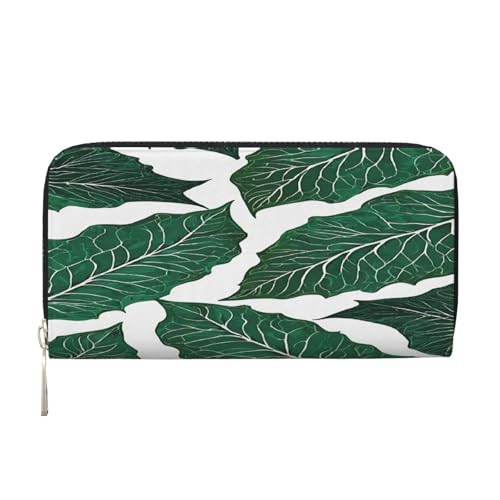 ZXMDZTSS Süße grüne Palmenblätter – Echtes Leder Damen Geldbörse mit Reißverschluss und Handyfach – stilvolle Clutch-Geldbörse für den täglichen Gebrauch, Reisen und Geschenke (20,1 cm von ZXMDZTSS
