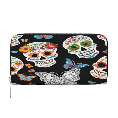 ZXMDZTSS Sugar Skulls Damen-Geldbörse aus echtem Leder mit Reißverschluss und Handyfach, stilvolle Clutch-Geldbörse für den täglichen Gebrauch, Reisen und Geschenke (20,1 cm Handheld-Design), Schwarz von ZXMDZTSS