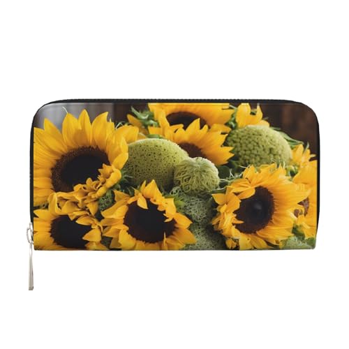 ZXMDZTSS Sunflowers Damen-Geldbörse aus echtem Leder, mit Reißverschluss, mit Handyfach, stilvolle Clutch-Geldbörse für den täglichen Gebrauch, Reisen und Geschenke (20,1 cm Handheld-Design), Schwarz von ZXMDZTSS