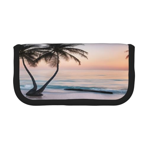 ZXMDZTSS Sunrise Tropical Palm Tree Island – Leinen-Federmäppchen – stilvolles zweifarbiges Design | Make-up- und Schreibwaren-Organizer für Schule, Reisen, Schwarz , Einheitsgröße, Reisetasche von ZXMDZTSS