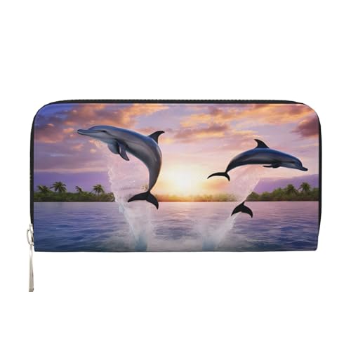 ZXMDZTSS Sunset Dolphins – Echtes Leder Damen Geldbörse mit Reißverschluss und Handyfach – stilvolle Clutch-Geldbörse für den täglichen Gebrauch, Reisen & Geschenke (20,1 cm Handheld-Design), Schwarz von ZXMDZTSS