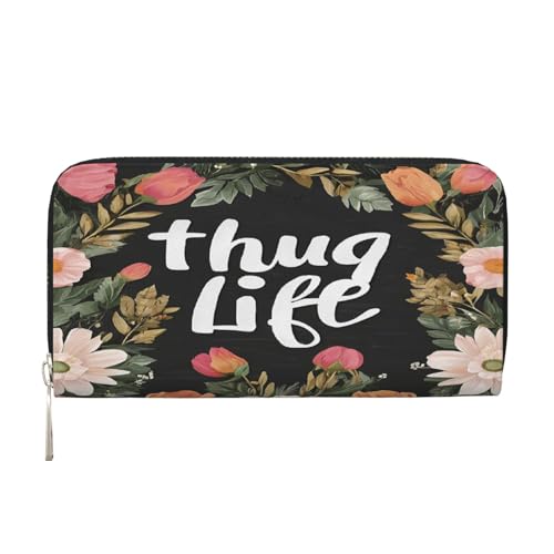 ZXMDZTSS Thug Life Flowers Damen-Geldbörse aus echtem Leder mit Reißverschluss und Handyfach, stilvolle Clutch-Geldbörse für den täglichen Gebrauch, Reisen und Geschenke (20,1 cm Handheld-Design), von ZXMDZTSS