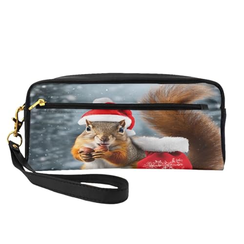 ZXMDZTSS Weihnachts-Eichhörnchen – bedrucktes, anpassbares Federmäppchen und Make-up-Tasche aus PU-Leder – kompakter Organizer für Studenten, Künstler, Reisen, Schwarz , Einheitsgröße, Lässiger von ZXMDZTSS