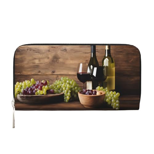 ZXMDZTSS Weinflaschen-Geldbörse mit Korken und Trauben – echtes Leder Damen Geldbörse mit Reißverschluss und Handyfach – stilvolle Clutch für den täglichen Gebrauch, Reisen und Geschenke (20,1 cm von ZXMDZTSS