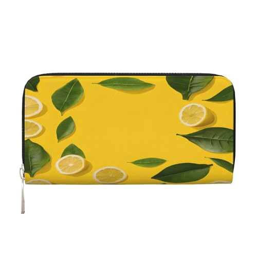 ZXMDZTSS Yellow Lemon Damen-Geldbörse aus echtem Leder mit Reißverschluss und Handyfach, stilvolle Clutch-Geldbörse für den täglichen Gebrauch, Reisen und Geschenke (20,1 cm Handheld-Design), Schwarz von ZXMDZTSS
