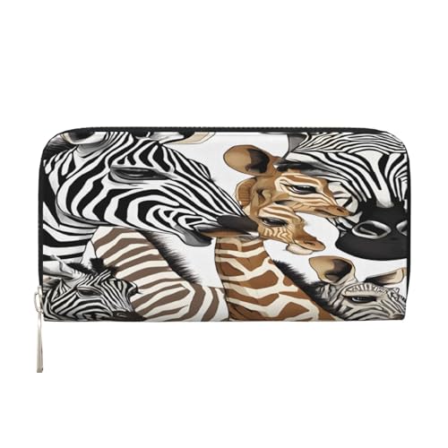 ZXMDZTSS Zebra und Giraffe – Echtleder-Geldbörse mit Reißverschluss und Handyfach – stilvolle Clutch-Geldbörse für den täglichen Gebrauch, Reisen und Geschenke (20,1 cm Handheld-Design), Schwarz , von ZXMDZTSS