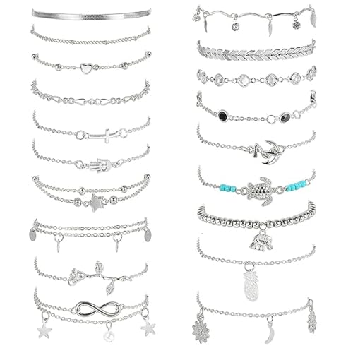 ZXTGBQ 20 StüCke FußKettchen FüR Damen, Wasserdicht FußKette Damen, Silber TüRkis FußKette, Boho FußKettchen GrößEnverstellbar, Festival Und Strand Accessoires, Geschenke FüR Frauen/Mama/Mutter von ZXTGBQ