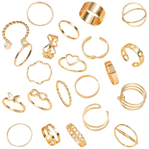 ZXTGBQ 22PCS Ringe Frauen Gold Verstellbare Ringe Set, Vintage Stapelbarer Ring, Stapelbare Fingerring Gold Chunky Dome Ring, Ideal FüR Geburtstagsfeiern, Schmuck FüR Damen MäDchen Frauen von ZXTGBQ