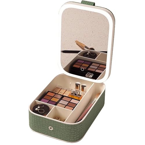 Travel Make-Up Organizer Kosmetiktasche mit LED Spiegel, Kleine Beleuchtete Make-Up Spiegel, Beleuchteter Spiegel für den täglichen Gebrauch (Green) von ZXTRYBHD