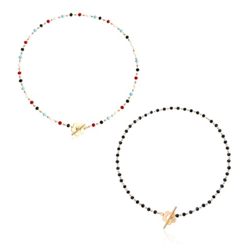 ZXUSHE Ketten für Damen,Anhänger für Mädchen,Kristallglasperlen-Halskette, Bohemian-Halskette, elegante kurze Blumen-Halskette für Damen und Mädchen (2 Stück) von ZXUSHE