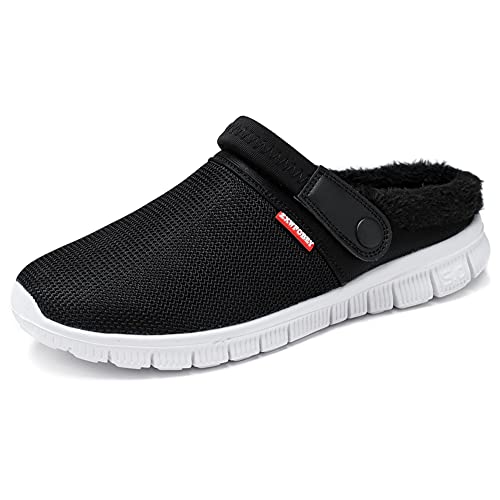 HangFan Herren Damen Pantoletten Clogs Slip On Gartenschuhe Fell Gefüttert Slides Flip Flops Warm Winter Slipper, - Schwarzes Fell A - Größe: 43.5 EU von ZXWFOBEY