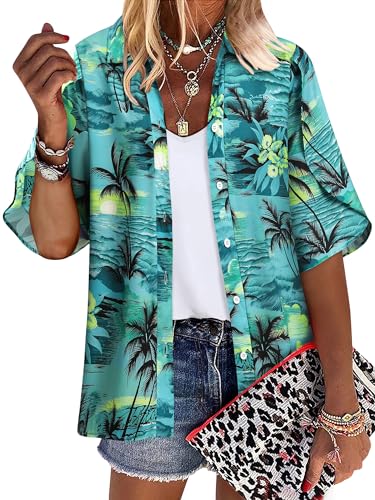 ZXZY Damen-Hawaii-Blusen mit Rüschen, 3/4-Ärmel, locker, fließendes Oberteil, tropisches Blumenhemd, Blaugrün/Ein Hauch von Paradies (Trace of Paradise), Klein von ZXZY