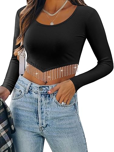 ZXZY Frauen Soft Ribbed Sparkly Strass Fransen Langarm Crop Top Oberteil Cropped T Shirts, Schwarz, Groß von ZXZY