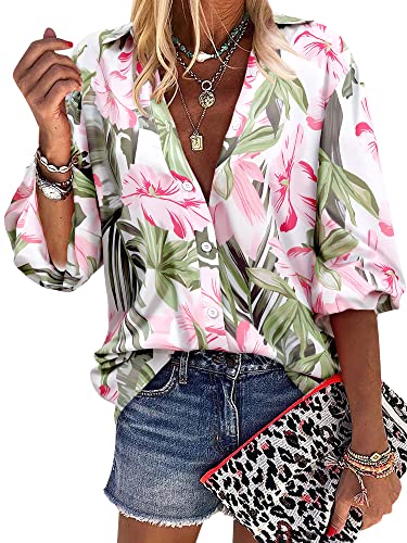 ZXZY Weiches, elegantes Damen-Hemd, Bluse, Blumenmuster, Knopfleiste, tropisches Hawaii-Hemd, Bluse, Grün , Klein von ZXZY