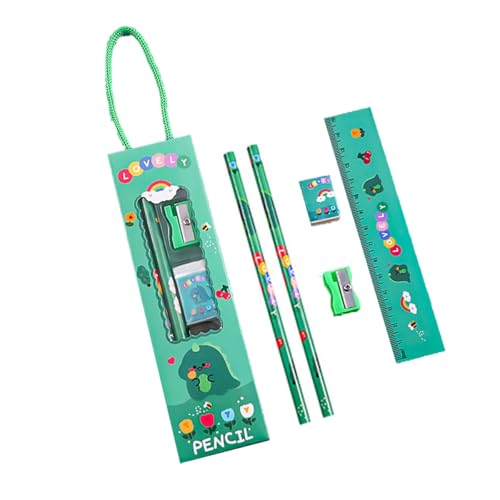 5 - Teiliges Schulsets: 2 Bleistifte + 1 Bleistiftspitzer + 1 Radiergummi + 1 Lineal (15 Cm) - Liebevolles Dinosaurier - Design Für Lernspaß von ZXfad